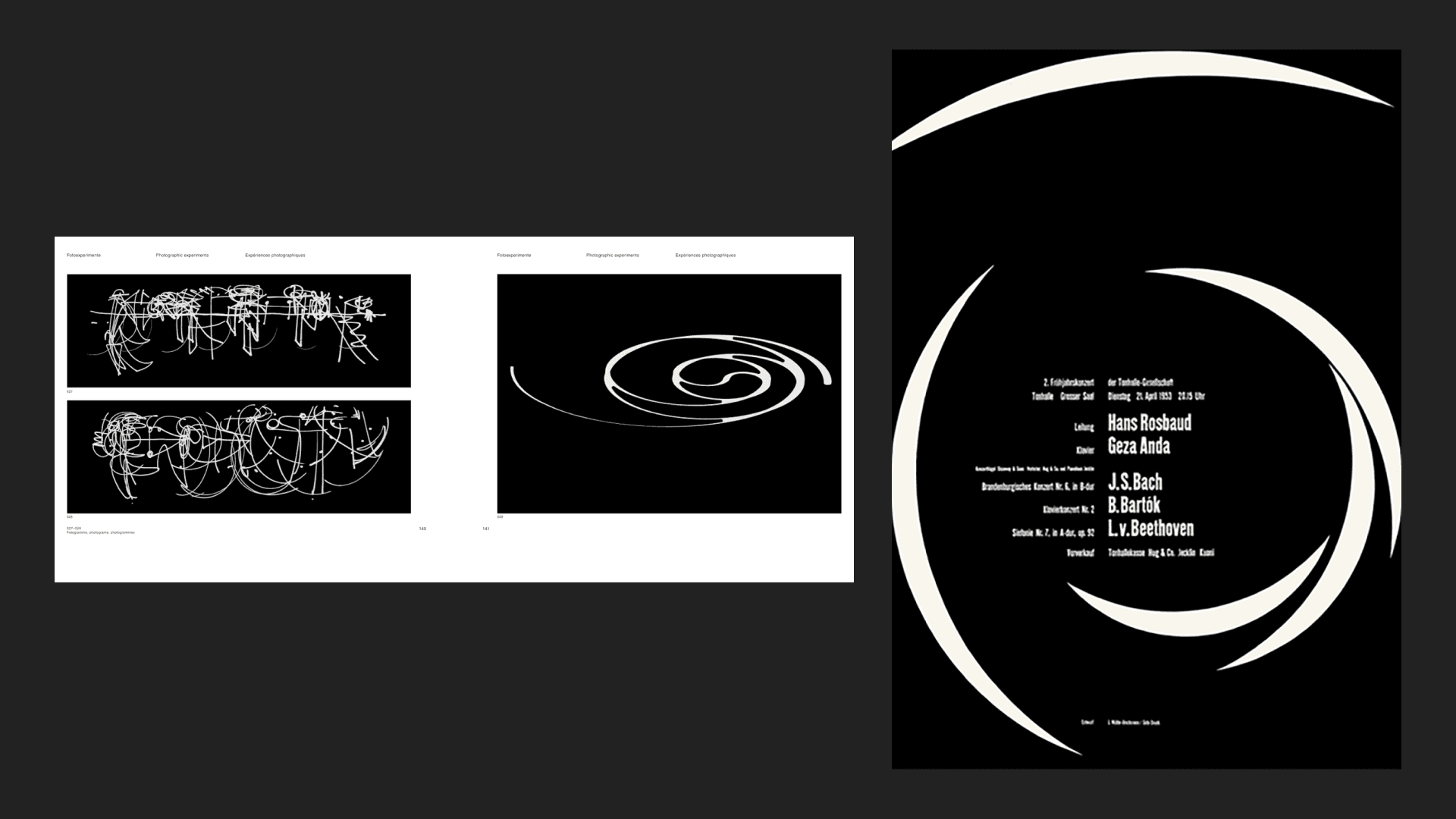 Left to right: excerpt from The Graphic Artist and His Design Problems by Josef Müller-Brockmann (1961), courtesy Niggli Verlag. Right: poster for Zurich Tonhalle Spring Concerts by Josef Müller-Brockmann (1953).