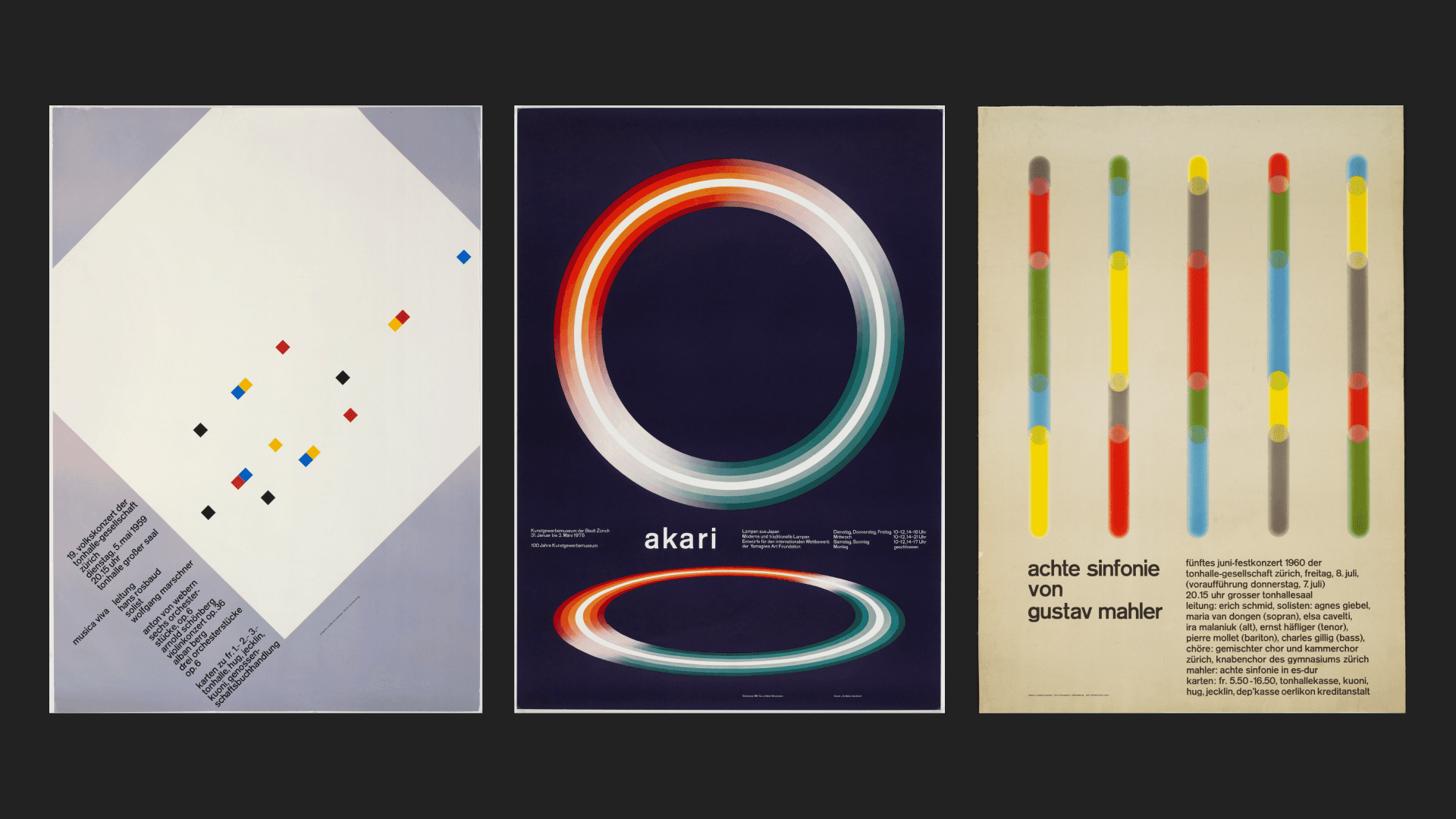 Left to right: posters for Musica Viva (1958), Akari (1975), Achte Sinfonie von Gustav Mahler (1960) by Josef Müller-Brockmann, courtesy MoMA.